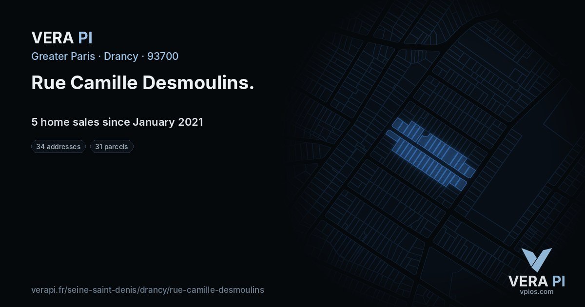 Rue Camille Desmoulins, Drancy at night – every parcel coloured by the prices around it, the street's own parcels lit