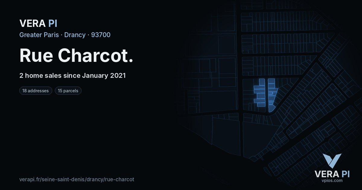 Rue Charcot, Drancy at night – every parcel coloured by the prices around it, the street's own parcels lit