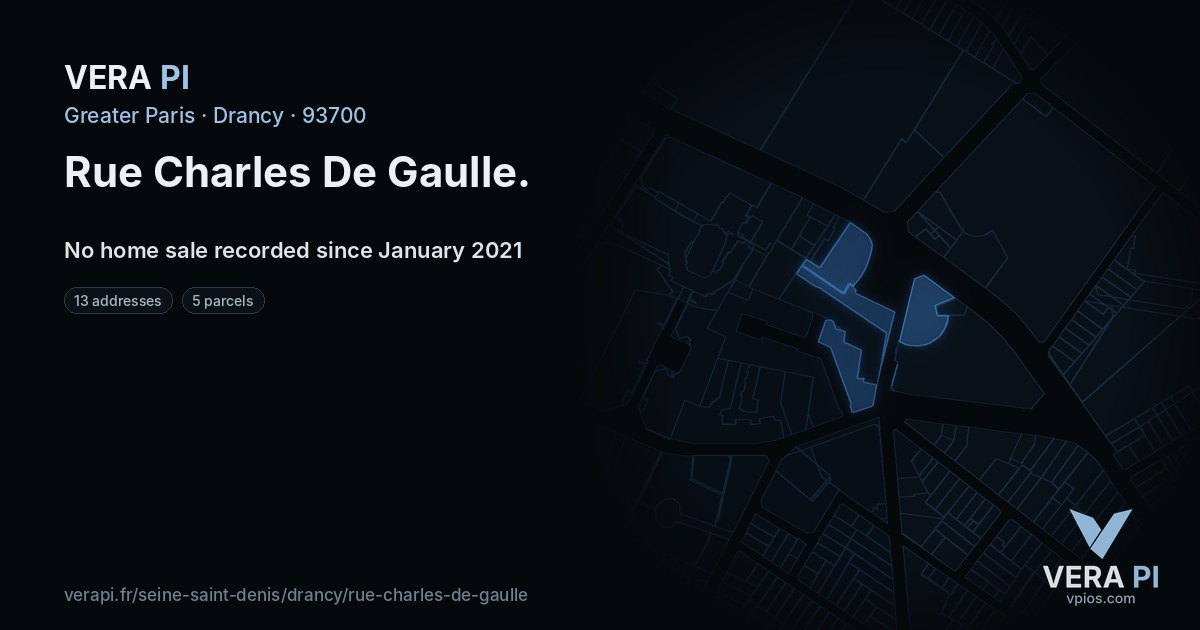 Rue Charles De Gaulle, Drancy at night – every parcel coloured by the prices around it, the street's own parcels lit
