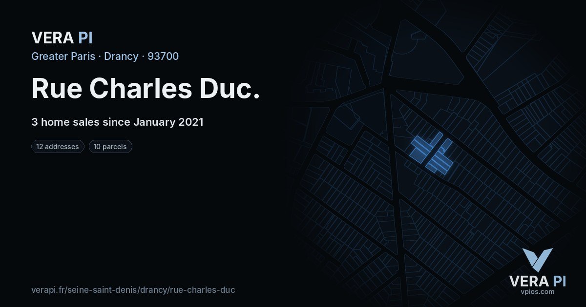 Rue Charles Duc, Drancy at night – every parcel coloured by the prices around it, the street's own parcels lit