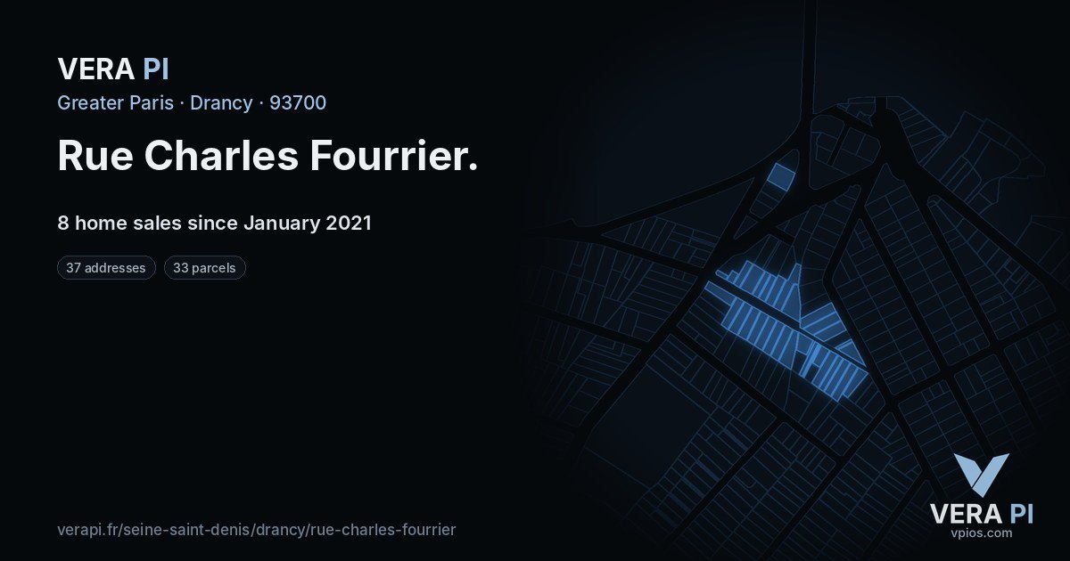 Rue Charles Fourrier, Drancy at night – every parcel coloured by the prices around it, the street's own parcels lit