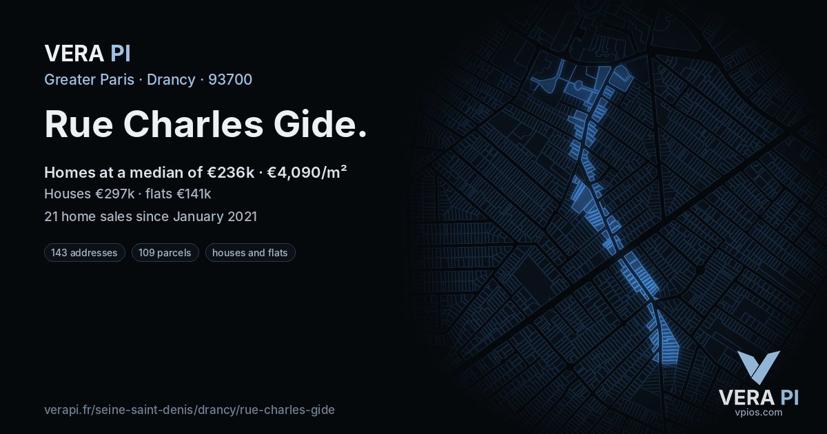 Rue Charles Gide, Drancy at night – every parcel coloured by the prices around it, the street's own parcels lit