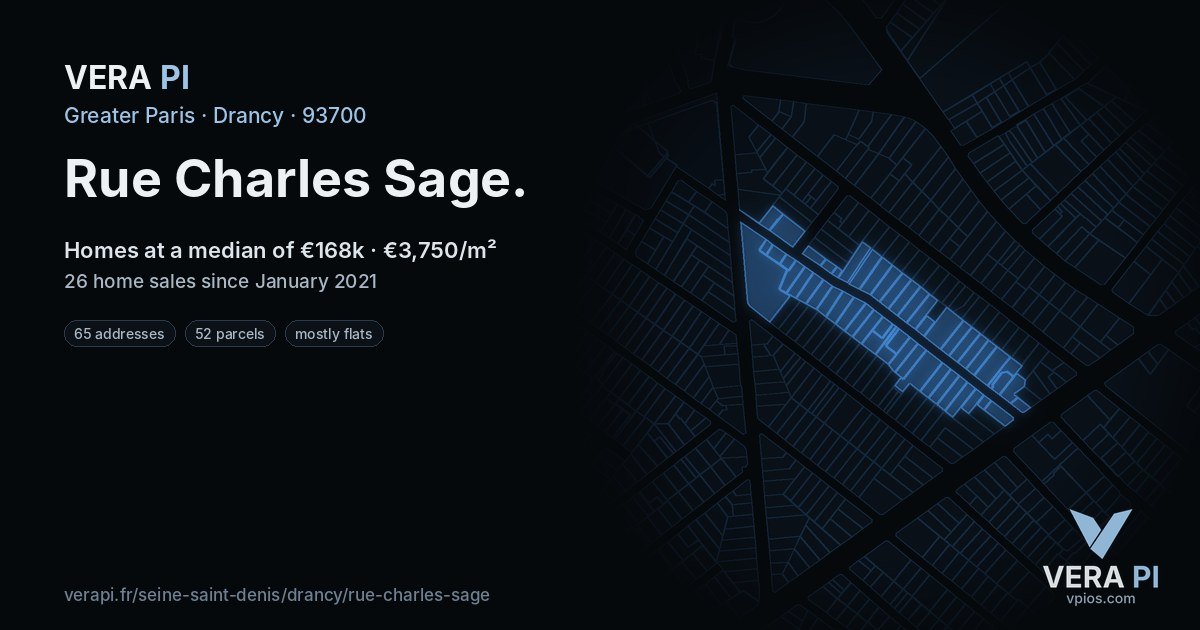Rue Charles Sage, Drancy at night – every parcel coloured by the prices around it, the street's own parcels lit