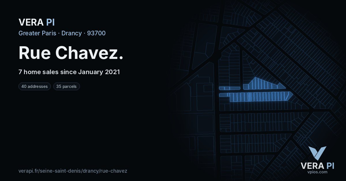 Rue Chavez, Drancy at night – every parcel coloured by the prices around it, the street's own parcels lit