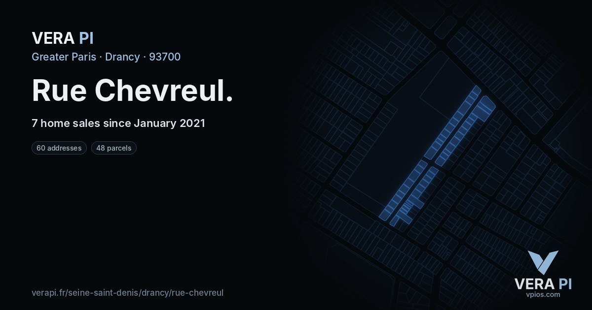 Rue Chevreul, Drancy at night – every parcel coloured by the prices around it, the street's own parcels lit