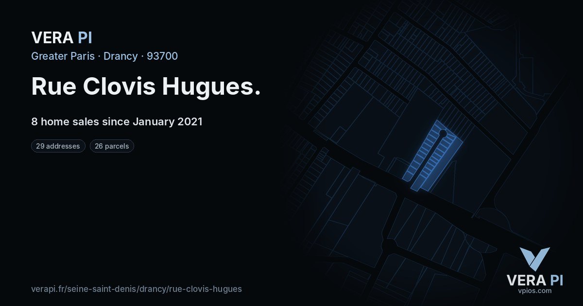 Rue Clovis Hugues, Drancy at night – every parcel coloured by the prices around it, the street's own parcels lit