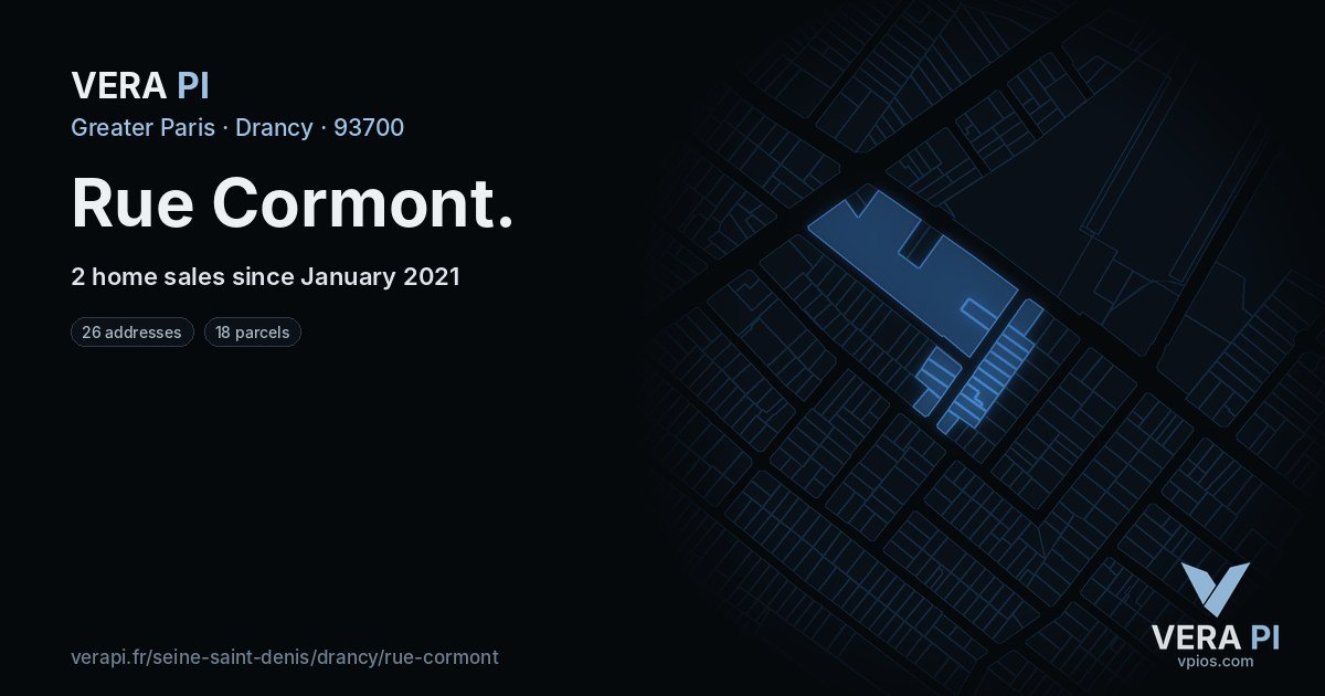 Rue Cormont, Drancy at night – every parcel coloured by the prices around it, the street's own parcels lit