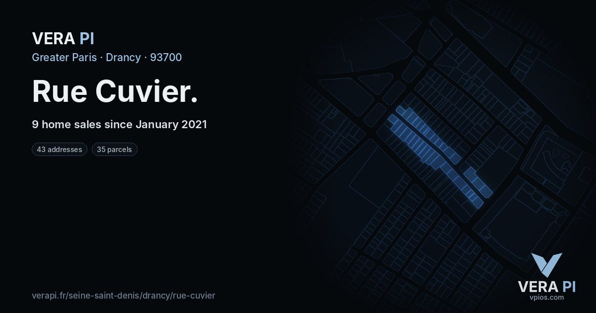 Rue Cuvier, Drancy at night – every parcel coloured by the prices around it, the street's own parcels lit
