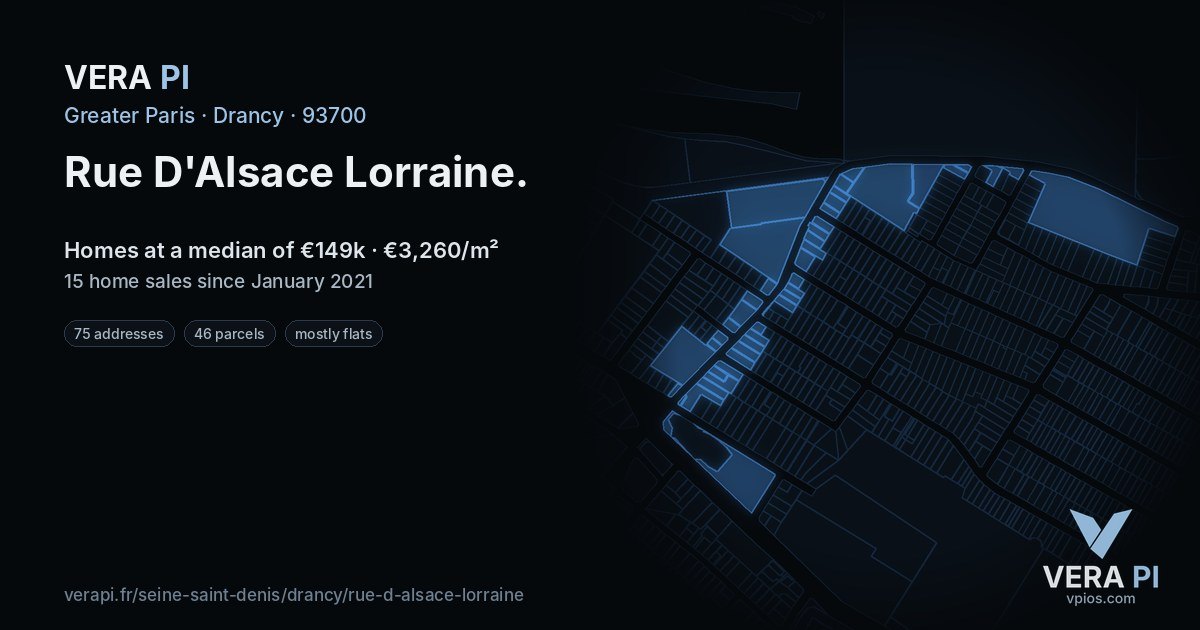 Rue D'Alsace Lorraine, Drancy at night – every parcel coloured by the prices around it, the street's own parcels lit