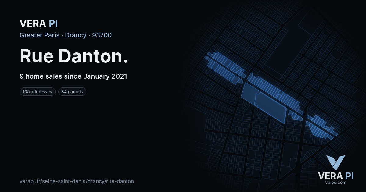 Rue Danton, Drancy at night – every parcel coloured by the prices around it, the street's own parcels lit