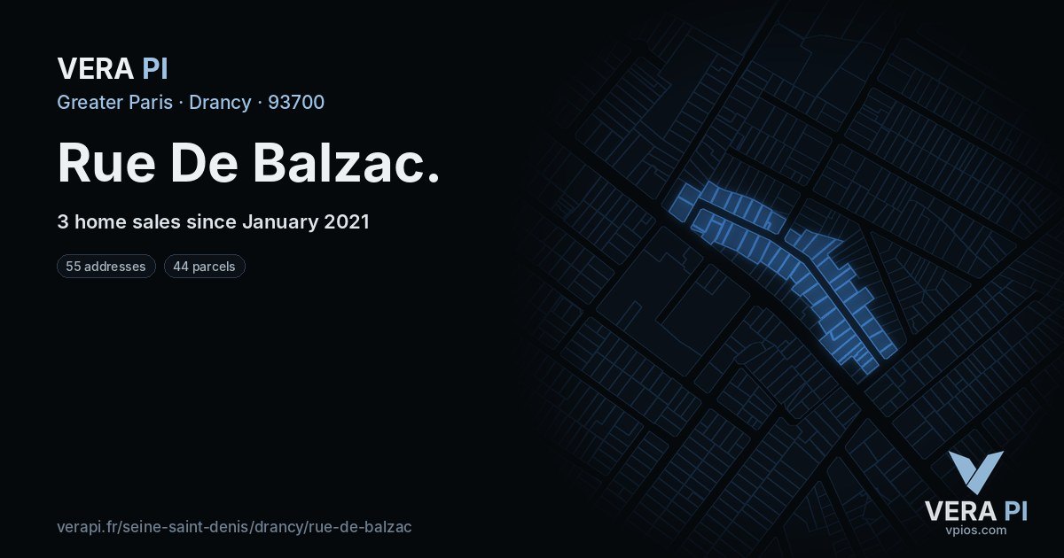 Rue De Balzac, Drancy at night – every parcel coloured by the prices around it, the street's own parcels lit