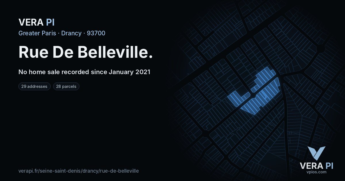Rue De Belleville, Drancy at night – every parcel coloured by the prices around it, the street's own parcels lit