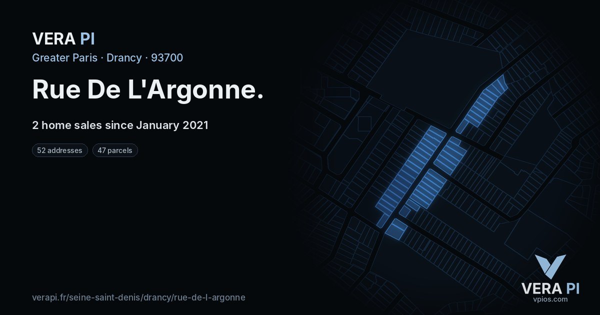 Rue De L'Argonne, Drancy at night – every parcel coloured by the prices around it, the street's own parcels lit