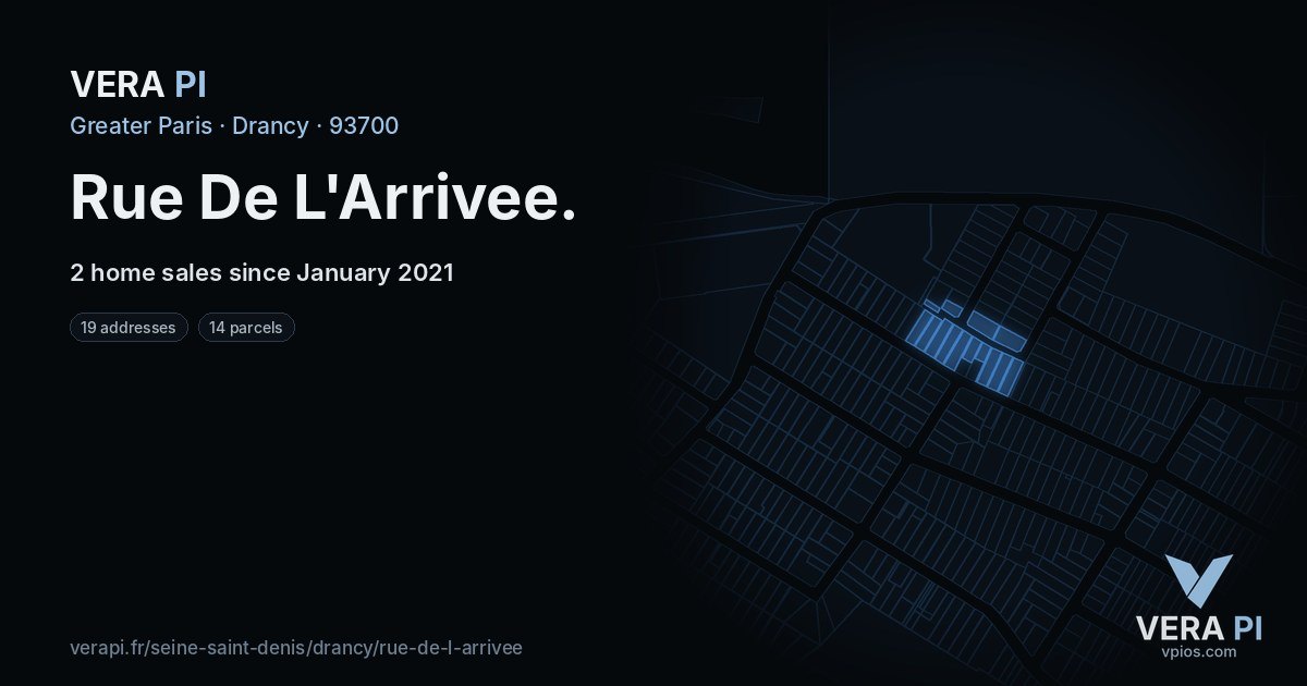 Rue De L'Arrivee, Drancy at night – every parcel coloured by the prices around it, the street's own parcels lit