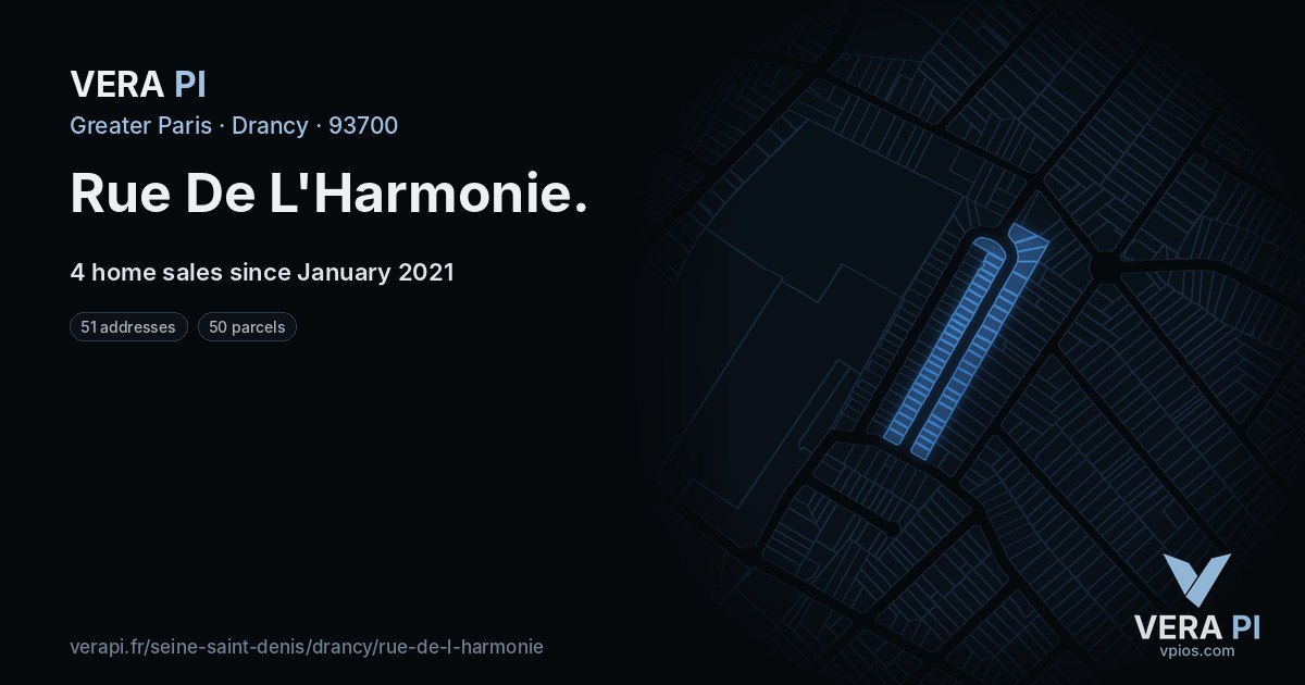 Rue De L'Harmonie, Drancy at night – every parcel coloured by the prices around it, the street's own parcels lit