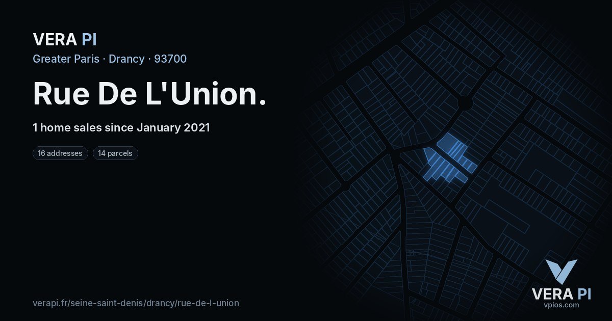 Rue De L'Union, Drancy at night – every parcel coloured by the prices around it, the street's own parcels lit