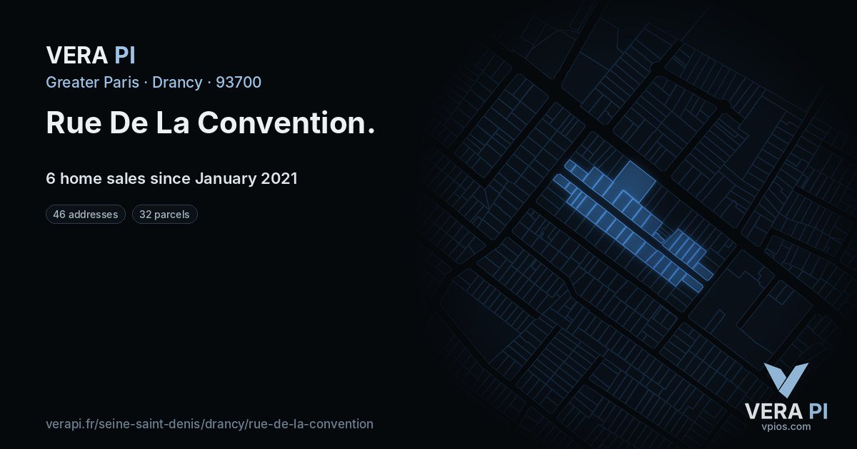 Rue De La Convention, Drancy at night – every parcel coloured by the prices around it, the street's own parcels lit