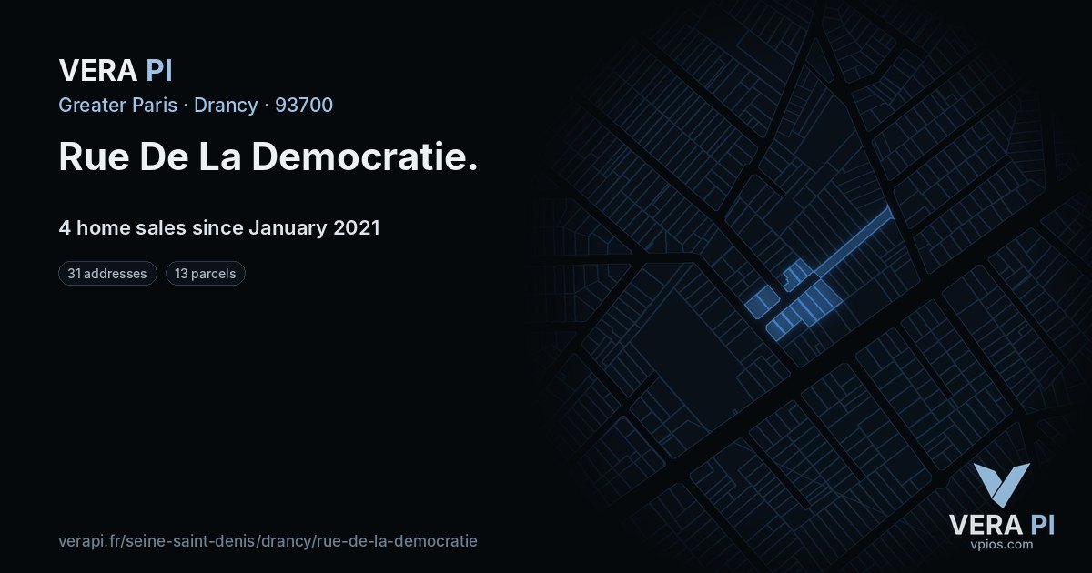 Rue De La Democratie, Drancy at night – every parcel coloured by the prices around it, the street's own parcels lit