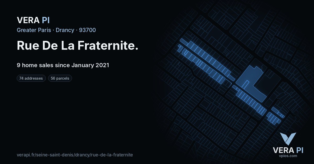 Rue De La Fraternite, Drancy at night – every parcel coloured by the prices around it, the street's own parcels lit