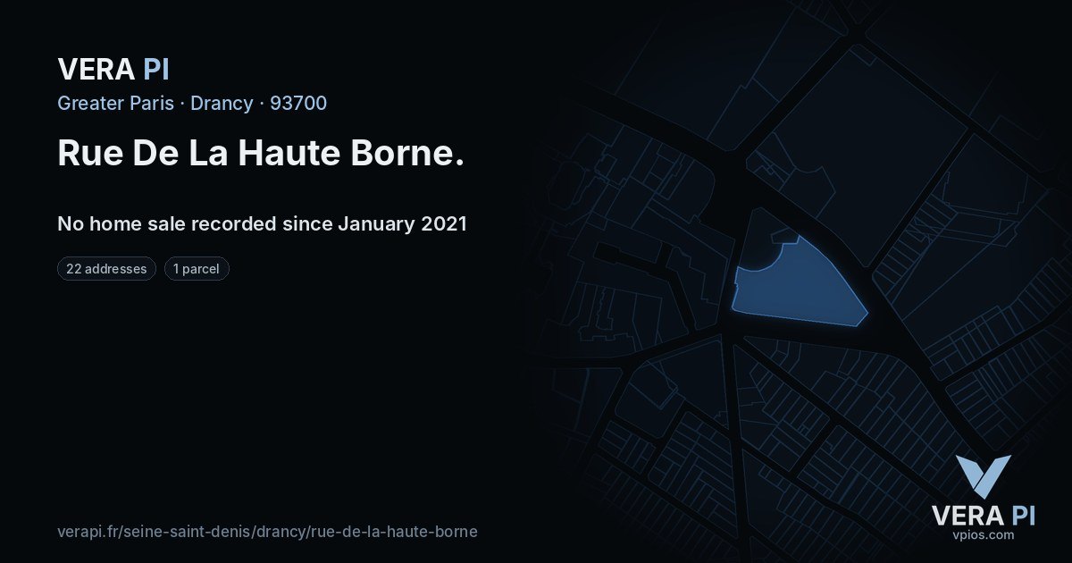Rue De La Haute Borne, Drancy at night – every parcel coloured by the prices around it, the street's own parcels lit