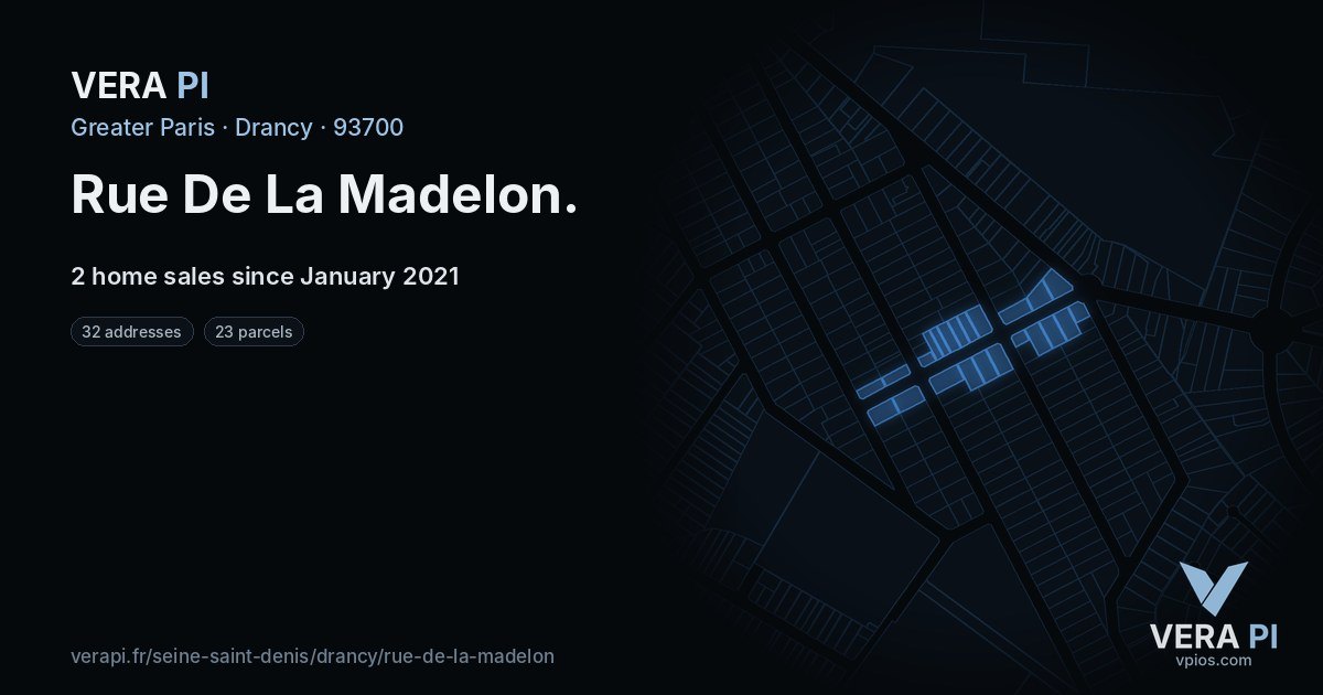 Rue De La Madelon, Drancy at night – every parcel coloured by the prices around it, the street's own parcels lit