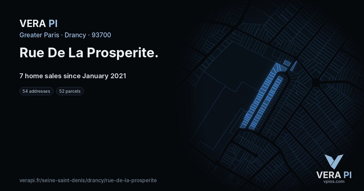 Rue De La Prosperite, Drancy at night – every parcel coloured by the prices around it, the street's own parcels lit
