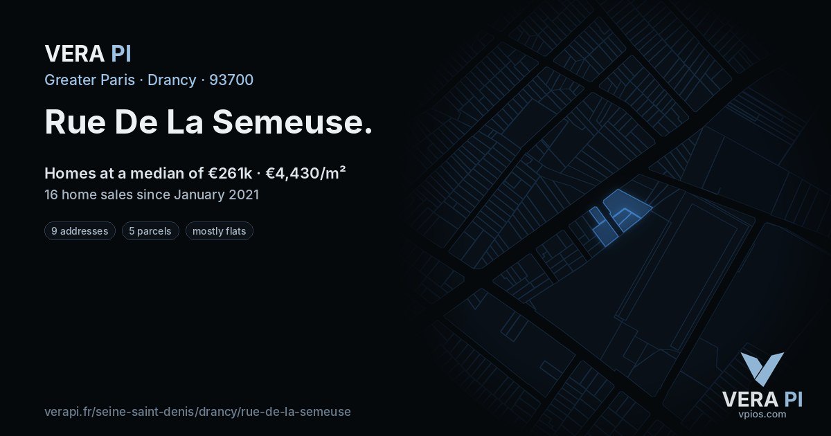 Rue De La Semeuse, Drancy at night – every parcel coloured by the prices around it, the street's own parcels lit