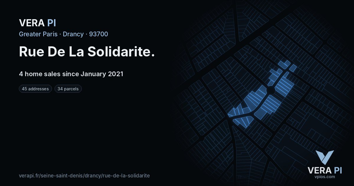 Rue De La Solidarite, Drancy at night – every parcel coloured by the prices around it, the street's own parcels lit