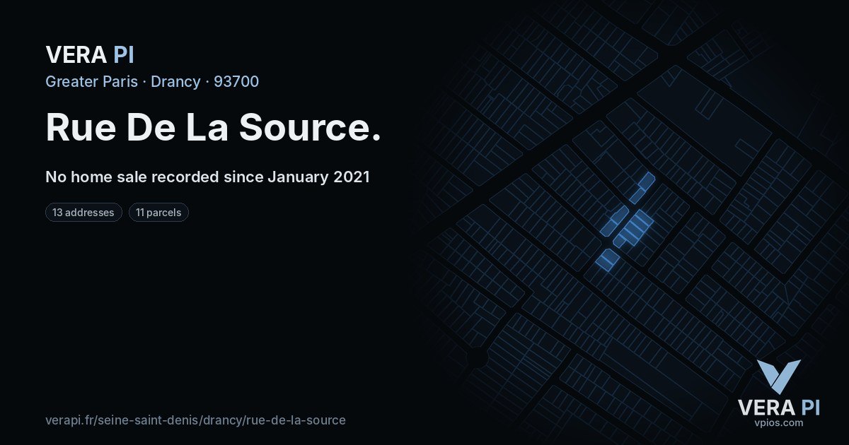 Rue De La Source, Drancy at night – every parcel coloured by the prices around it, the street's own parcels lit