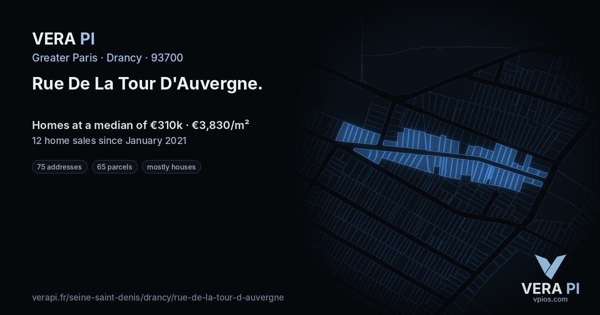 Rue De La Tour D'Auvergne, Drancy at night – every parcel coloured by the prices around it, the street's own parcels lit