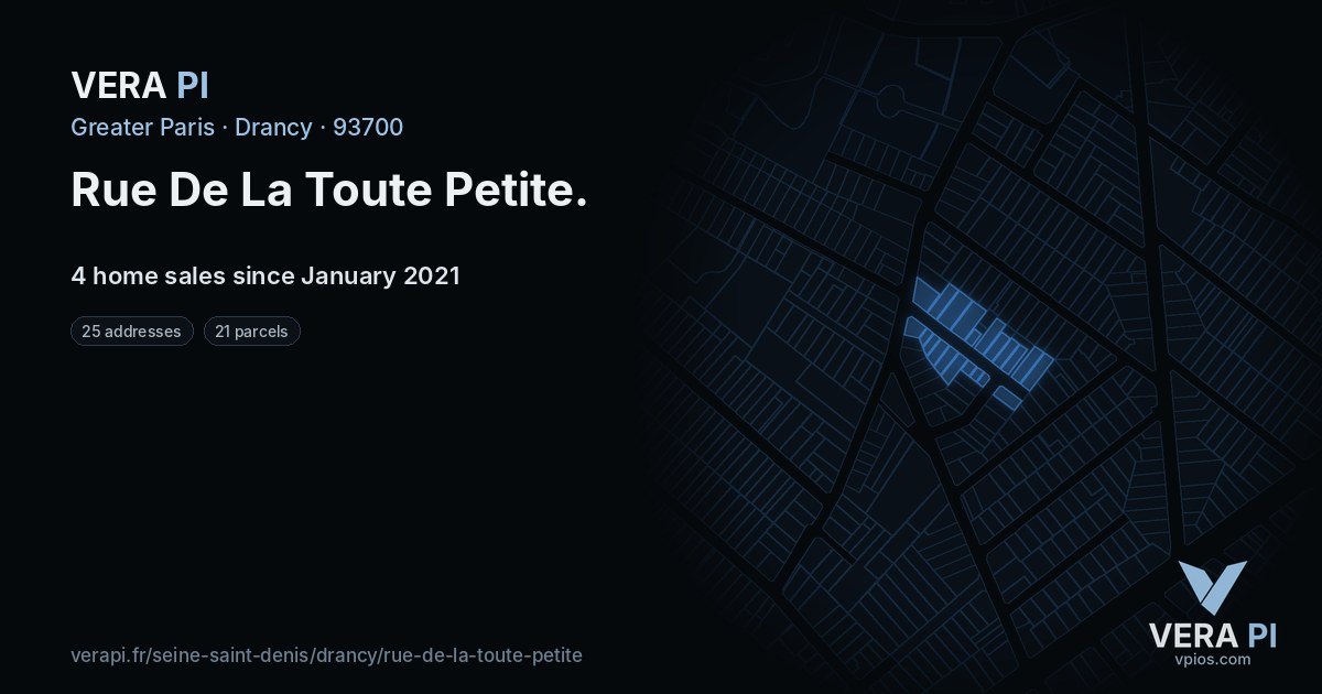 Rue De La Toute Petite, Drancy at night – every parcel coloured by the prices around it, the street's own parcels lit