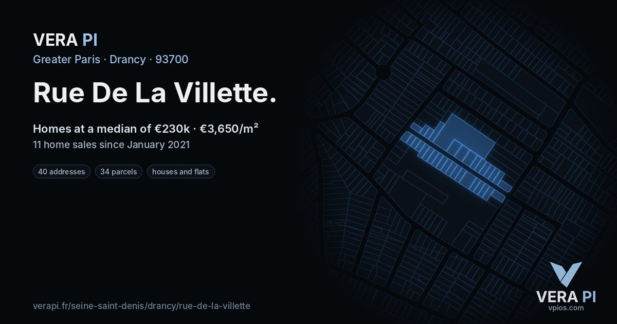 Rue De La Villette, Drancy at night – every parcel coloured by the prices around it, the street's own parcels lit