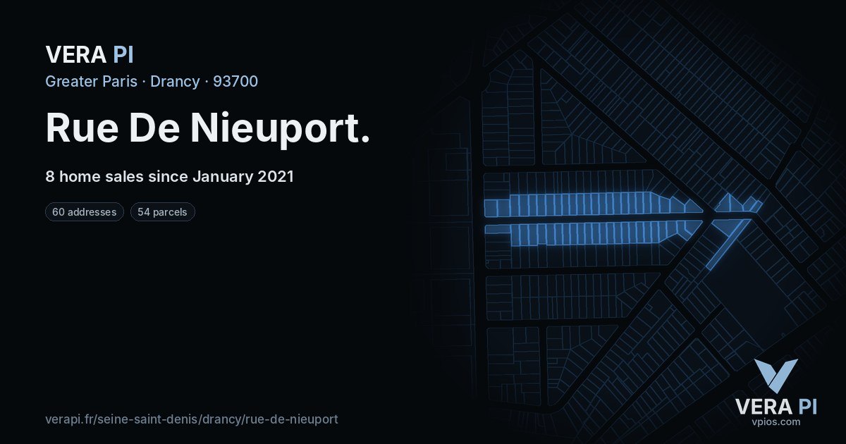 Rue De Nieuport, Drancy at night – every parcel coloured by the prices around it, the street's own parcels lit