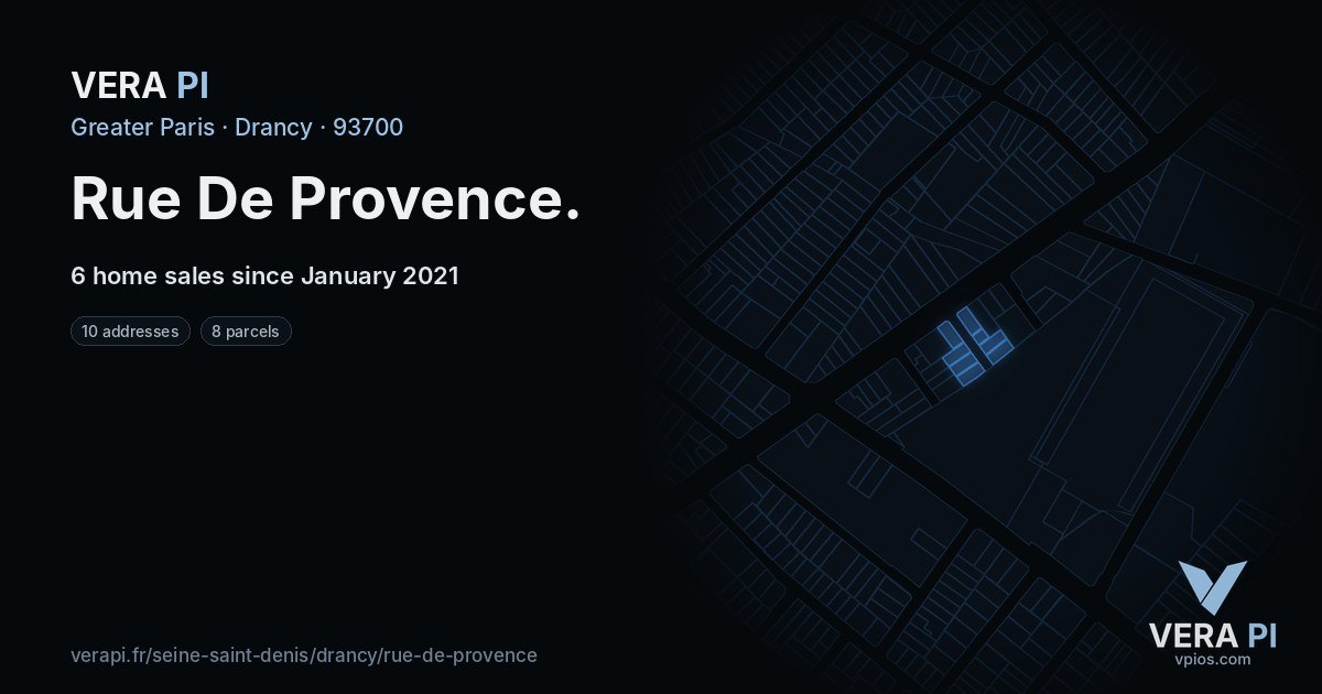 Rue De Provence, Drancy at night – every parcel coloured by the prices around it, the street's own parcels lit