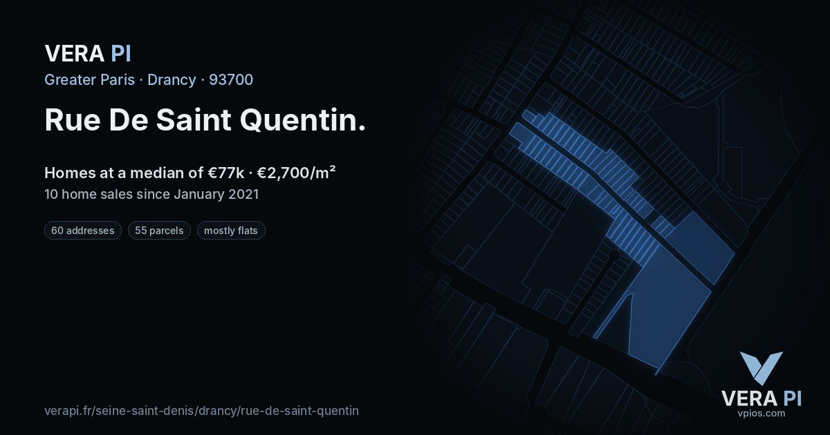 Rue De Saint Quentin, Drancy at night – every parcel coloured by the prices around it, the street's own parcels lit