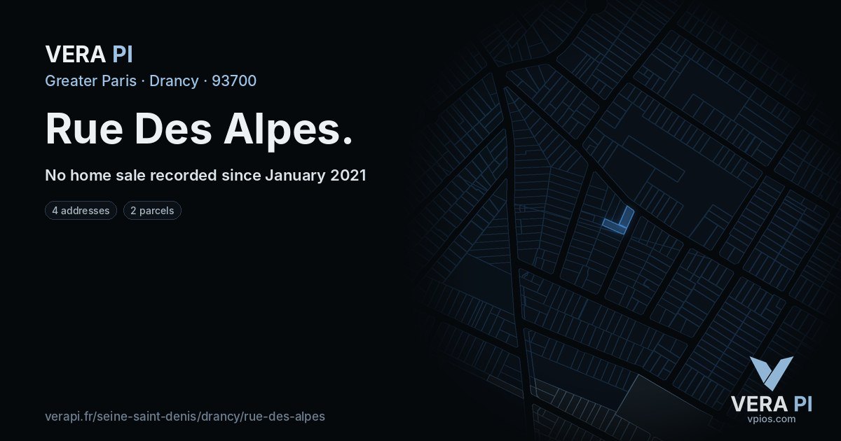 Rue Des Alpes, Drancy at night – every parcel coloured by the prices around it, the street's own parcels lit