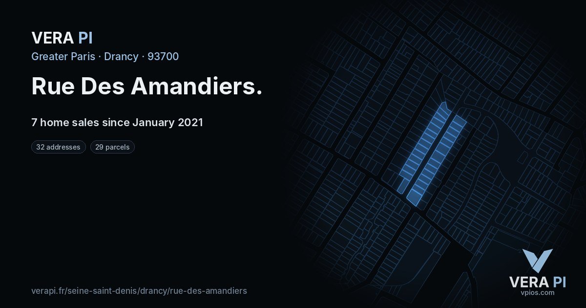 Rue Des Amandiers, Drancy at night – every parcel coloured by the prices around it, the street's own parcels lit