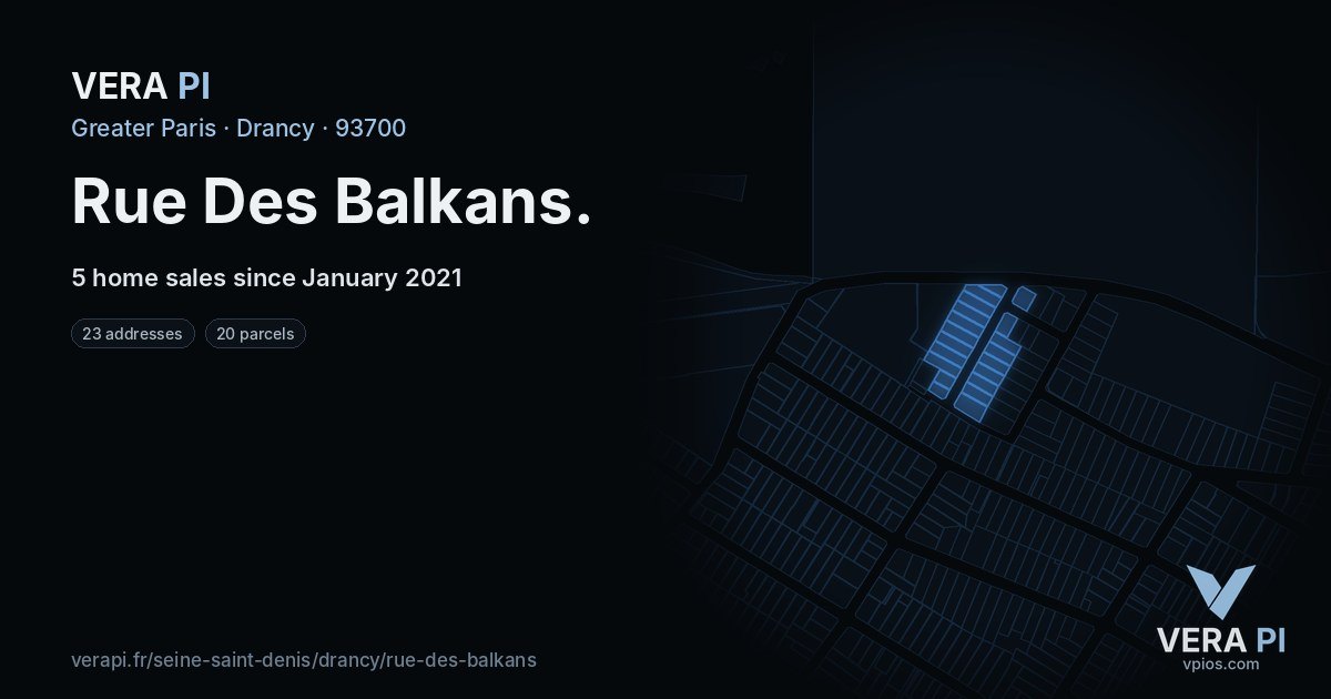 Rue Des Balkans, Drancy at night – every parcel coloured by the prices around it, the street's own parcels lit