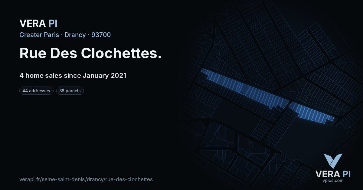 Rue Des Clochettes, Drancy at night – every parcel coloured by the prices around it, the street's own parcels lit
