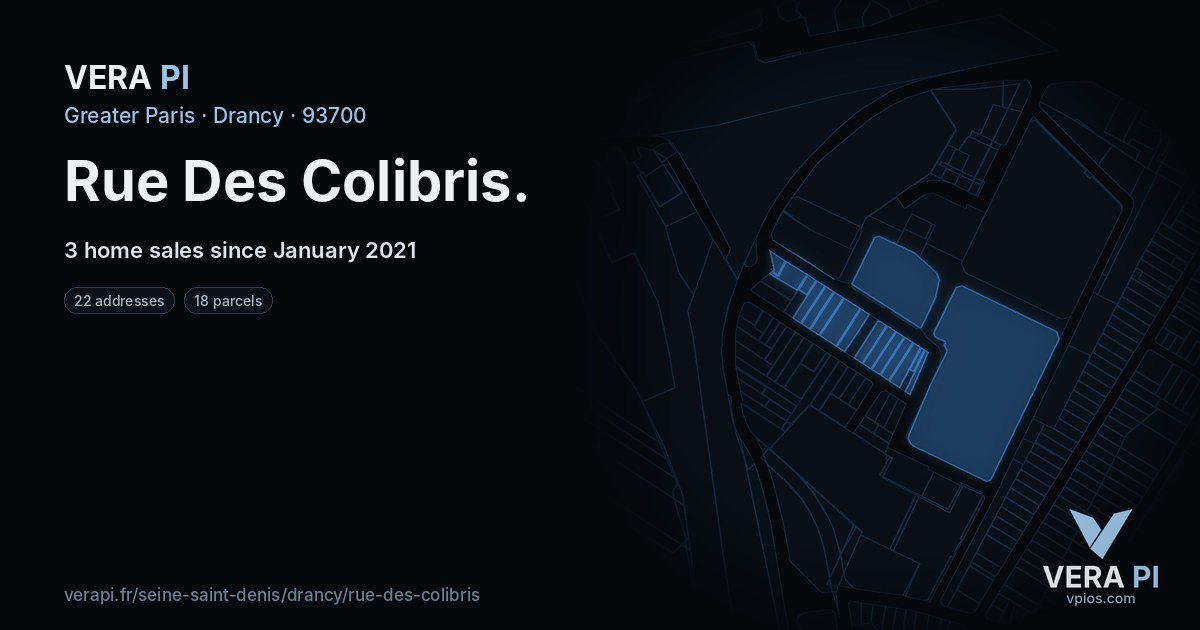 Rue Des Colibris, Drancy at night – every parcel coloured by the prices around it, the street's own parcels lit