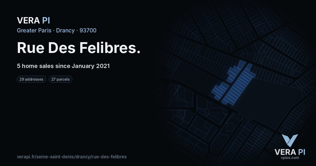 Rue Des Felibres, Drancy at night – every parcel coloured by the prices around it, the street's own parcels lit