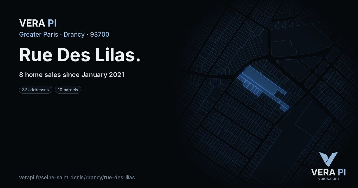 Rue Des Lilas, Drancy at night – every parcel coloured by the prices around it, the street's own parcels lit
