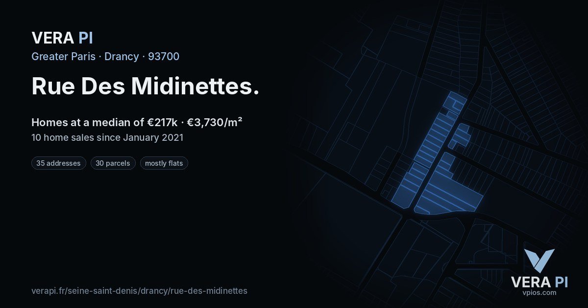 Rue Des Midinettes, Drancy at night – every parcel coloured by the prices around it, the street's own parcels lit