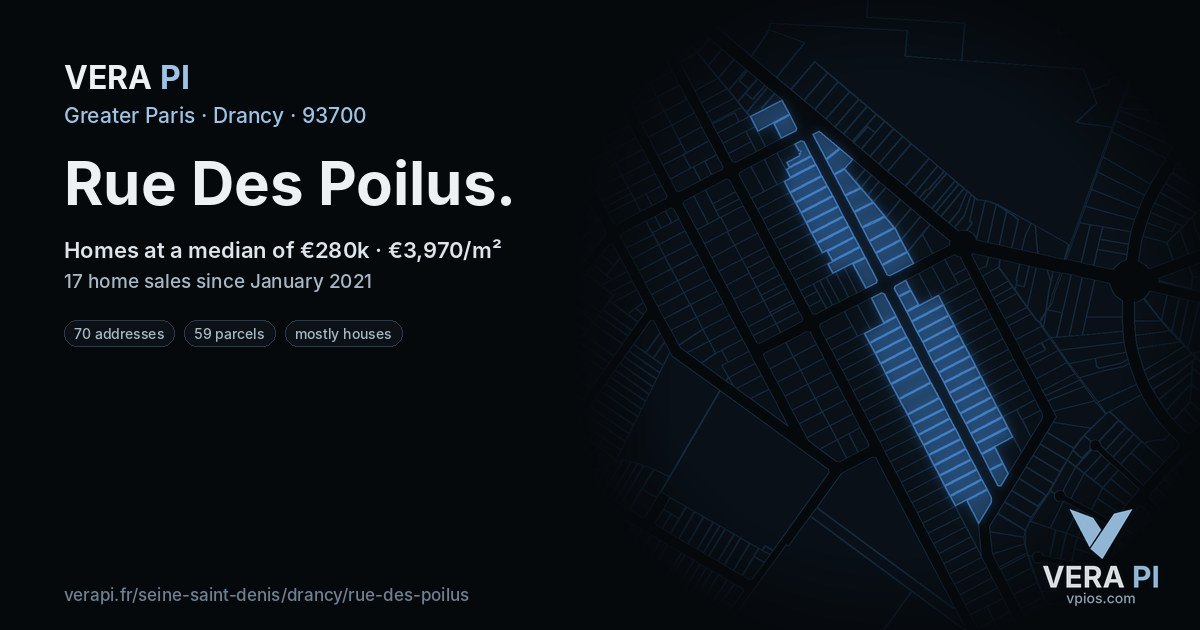 Rue Des Poilus, Drancy at night – every parcel coloured by the prices around it, the street's own parcels lit