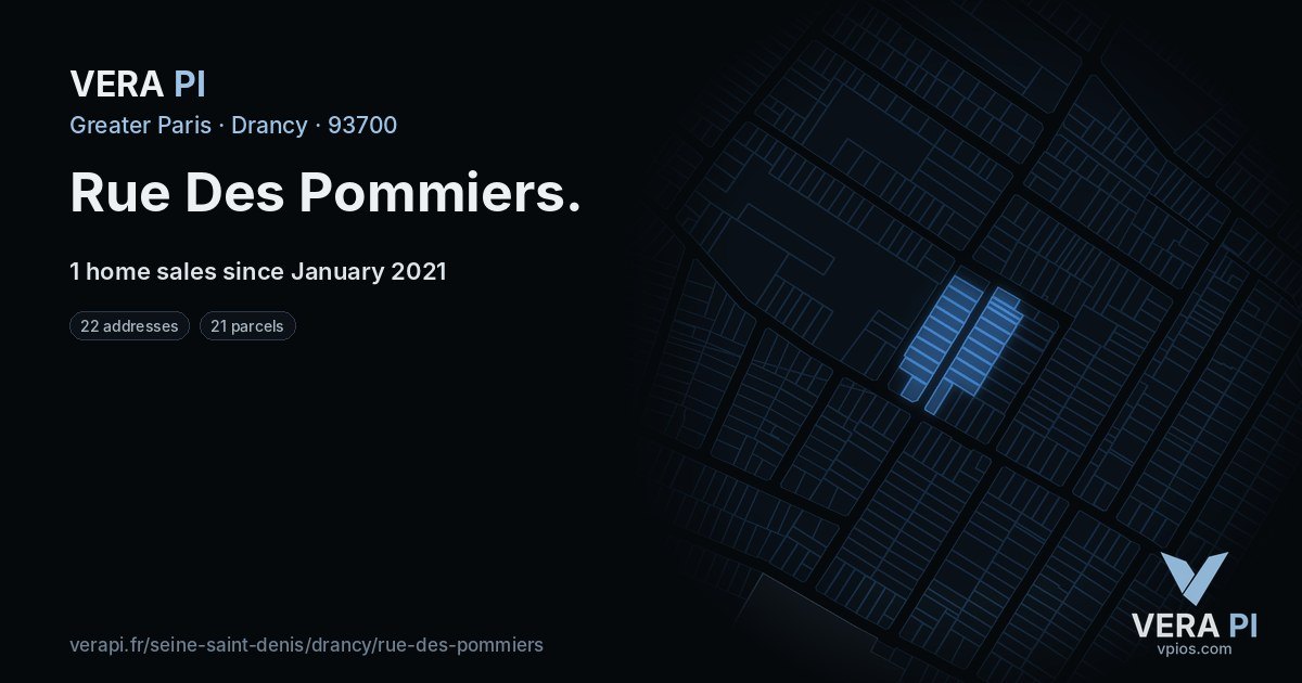 Rue Des Pommiers, Drancy at night – every parcel coloured by the prices around it, the street's own parcels lit