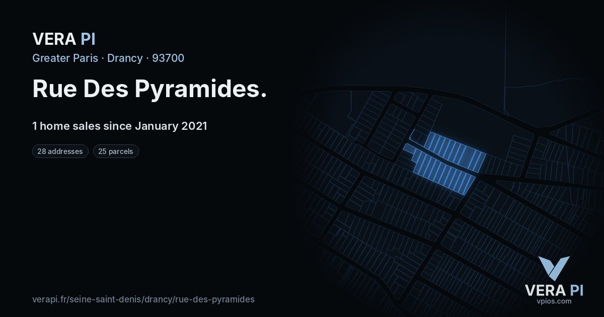 Rue Des Pyramides, Drancy at night – every parcel coloured by the prices around it, the street's own parcels lit