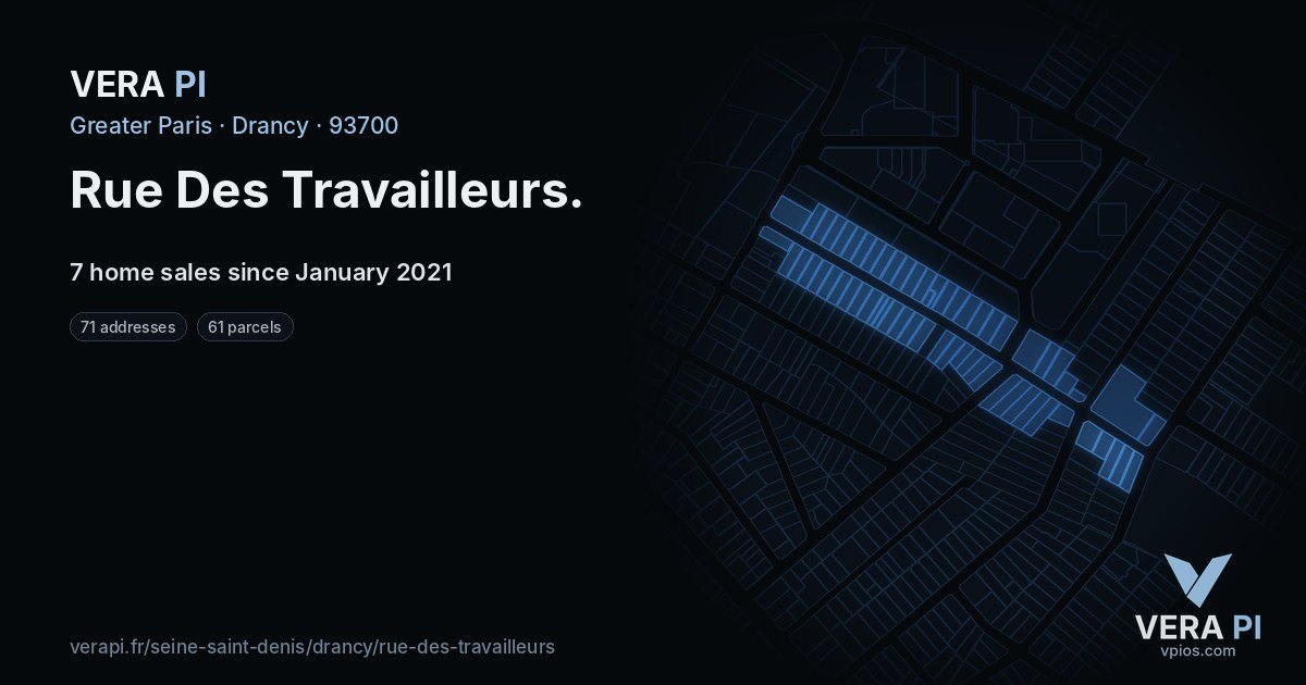 Rue Des Travailleurs, Drancy at night – every parcel coloured by the prices around it, the street's own parcels lit