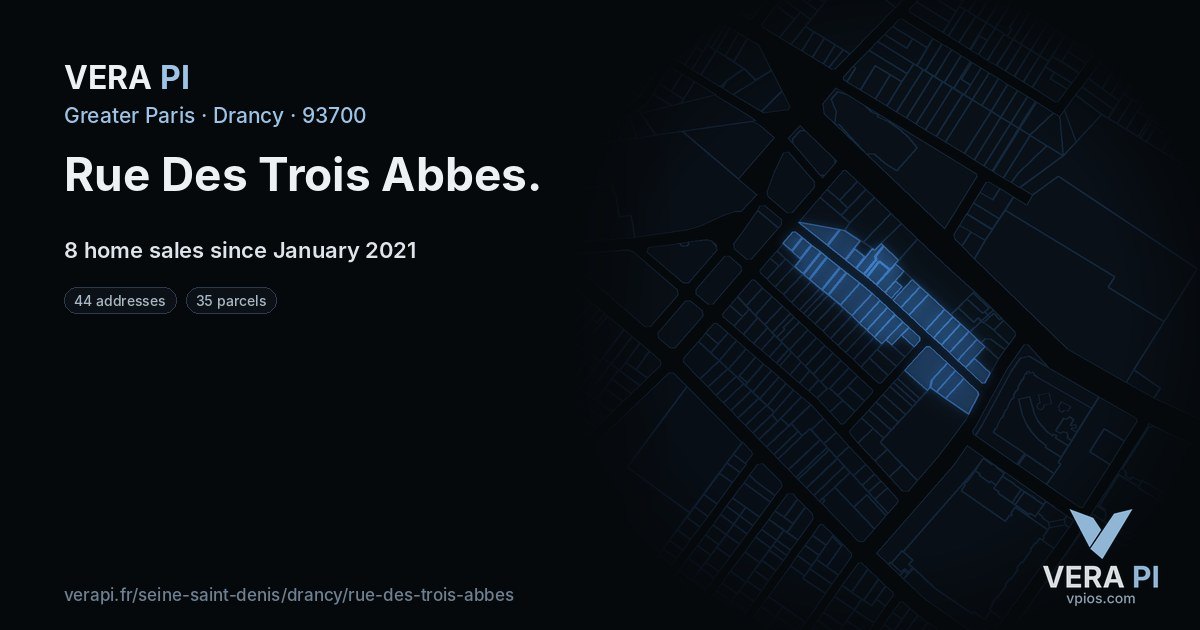 Rue Des Trois Abbes, Drancy at night – every parcel coloured by the prices around it, the street's own parcels lit