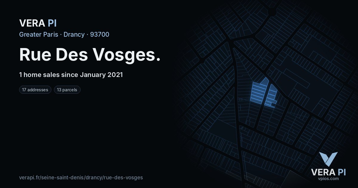 Rue Des Vosges, Drancy at night – every parcel coloured by the prices around it, the street's own parcels lit