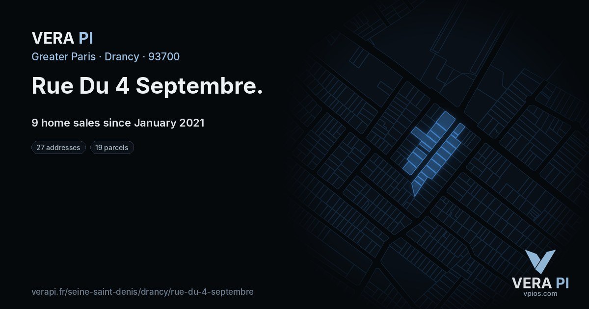 Rue Du 4 Septembre, Drancy at night – every parcel coloured by the prices around it, the street's own parcels lit